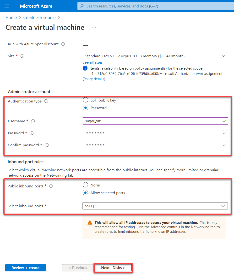 Specifying administrator account and inbound rules