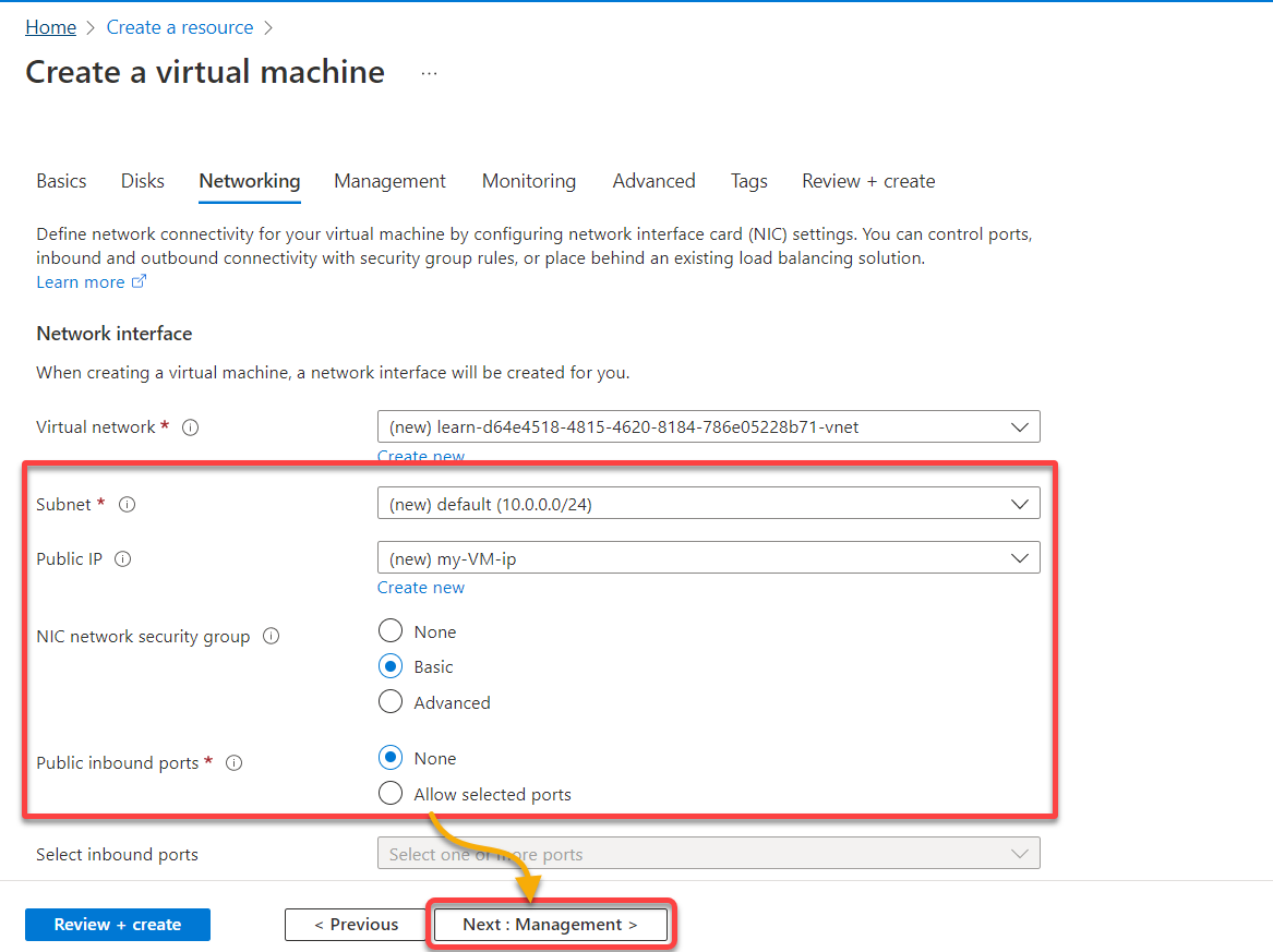 Specifying networking components required for launching the instance