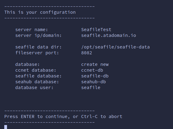 Confirming the Seafile configuration