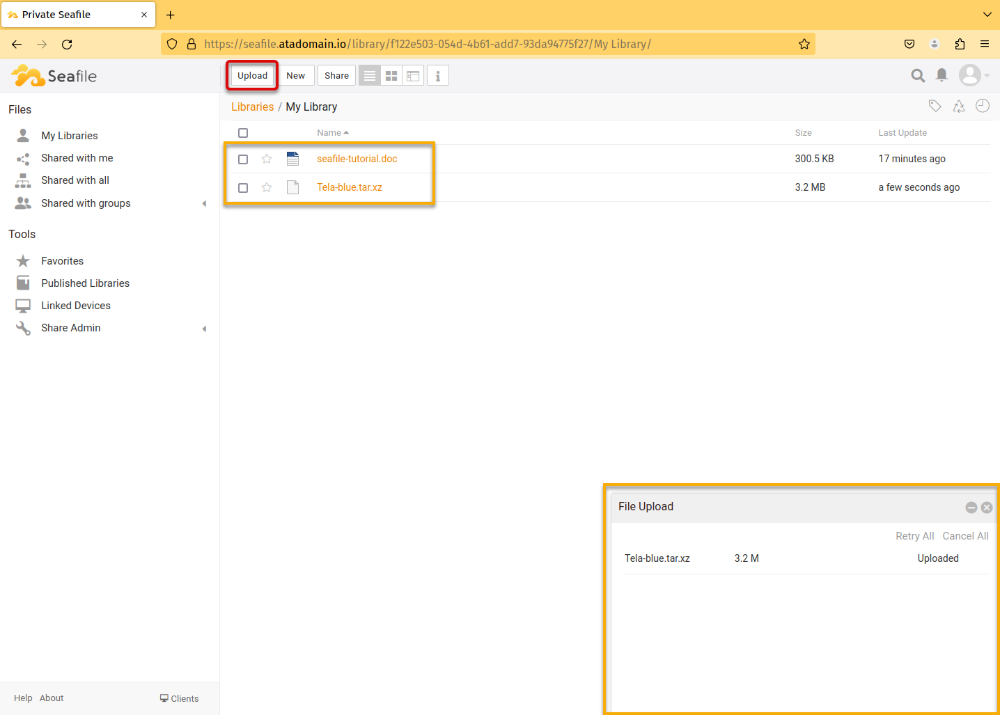 Uploading files to the Seafile server