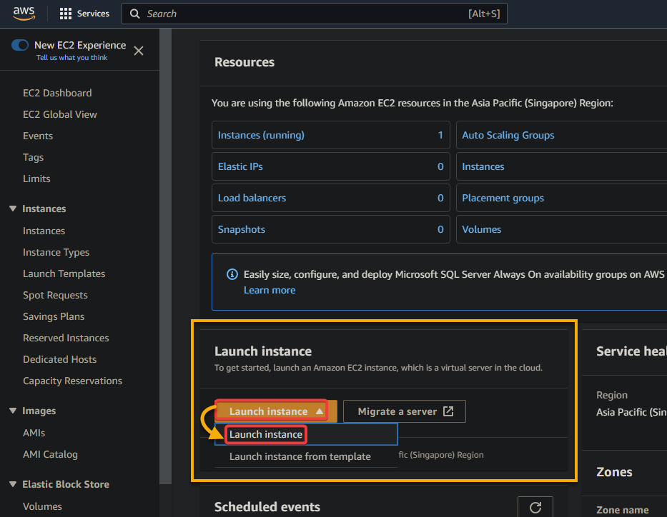 Opening the EC2 instance launch wizard