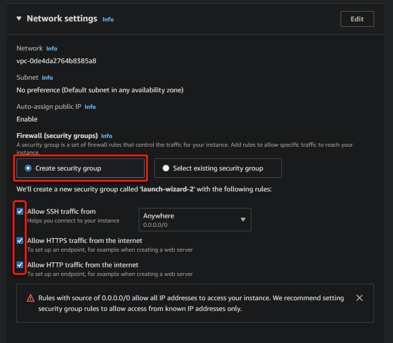 Configuring the instance network settings