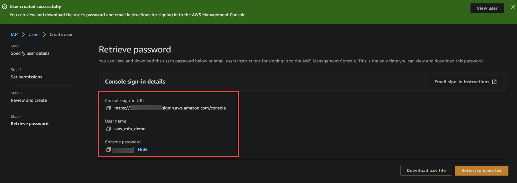 Accessing the IAM user’s console sign-in URL