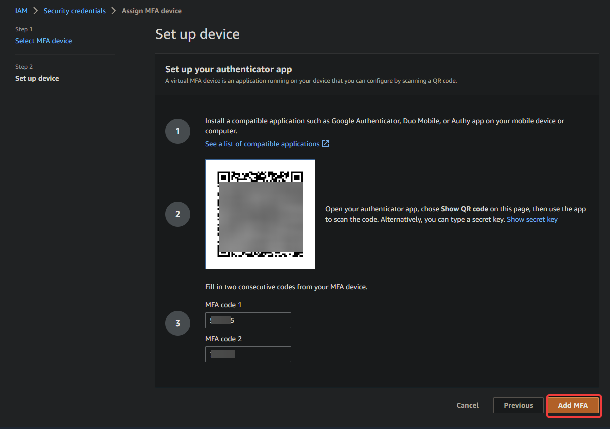 Adding an MFA device to the AWS IAM user