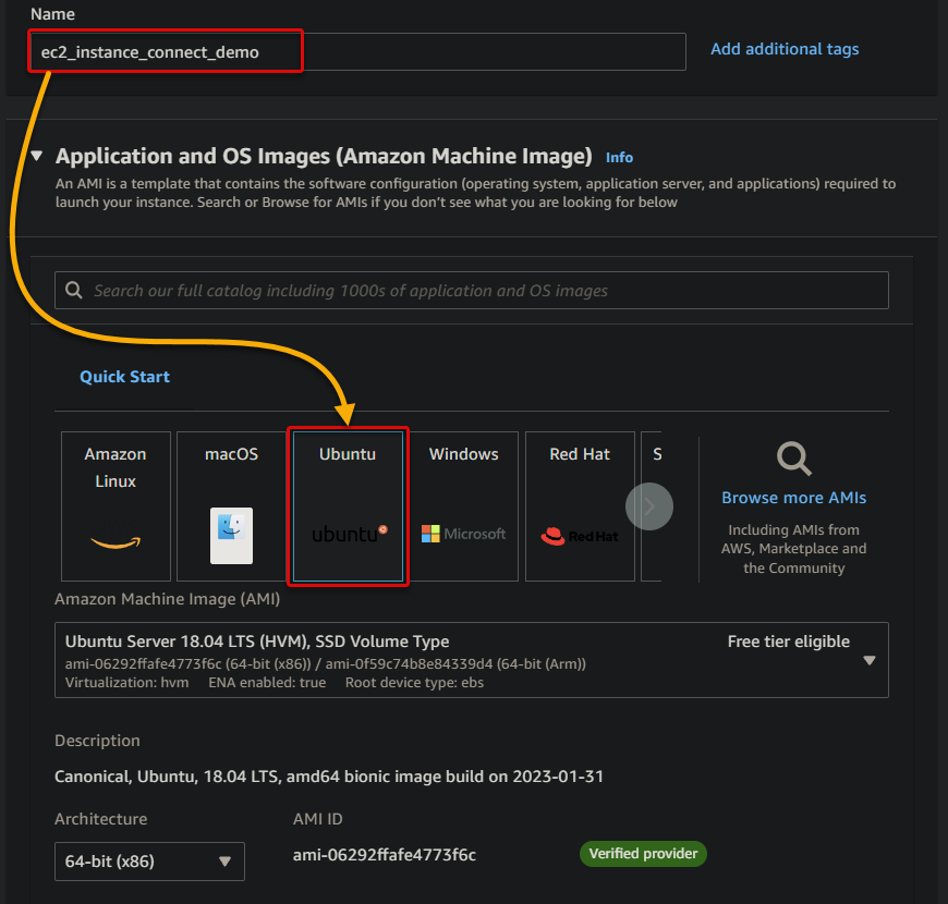 Configuring the instance’s name and OS type