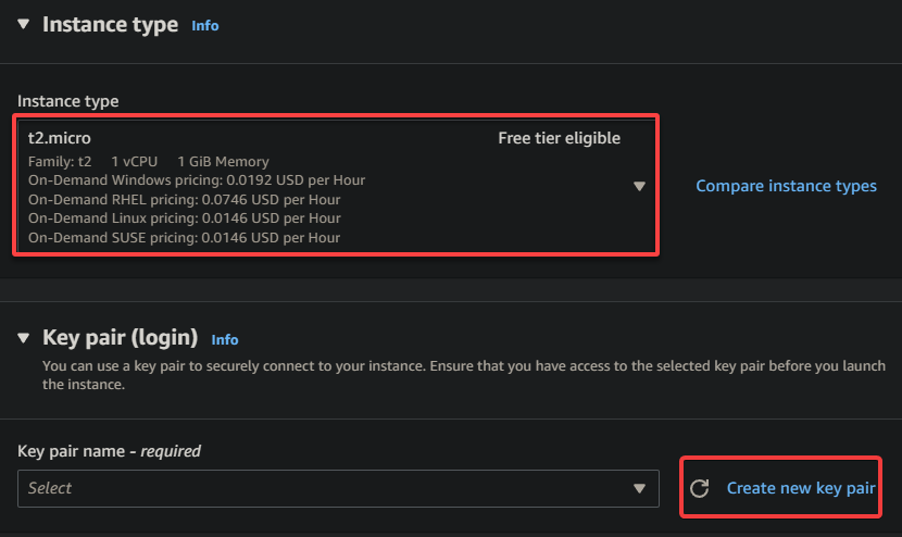 Configuring instance type and key pair