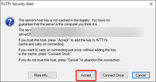  Adding the key to KiTTY’s cache and continuing connecting to the instance