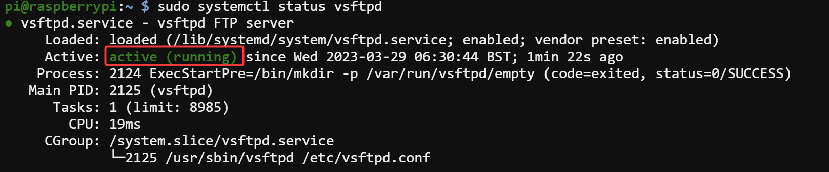 Checking the status of the vsftpd service