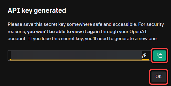 Copying the generated API key