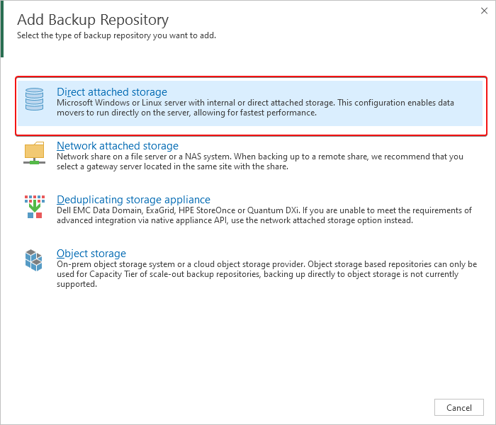 Choosing the Backup Repository type