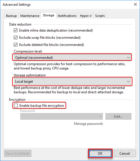 Configuring advanced settings for the backup storage