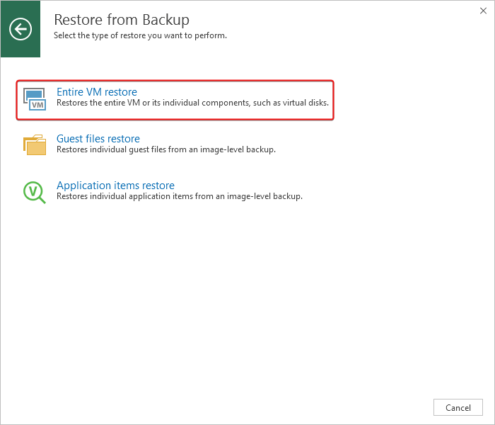 Selecting the backup restore type