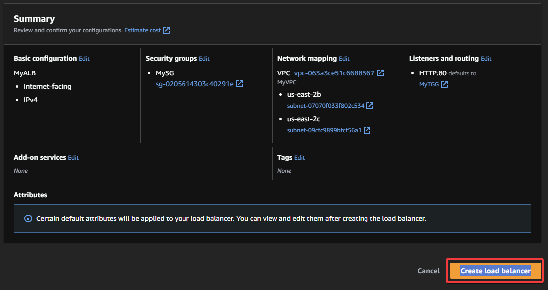 Finalizing creating the application load balancer