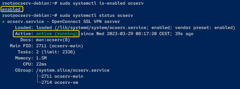  Verifying the ocserv service is enabled and running