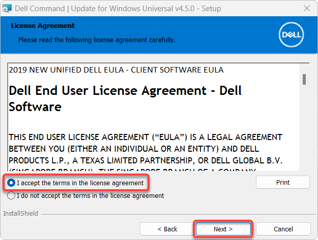 Accepting the End User License Agreement