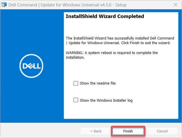 Finishing the Dell Command Update installation