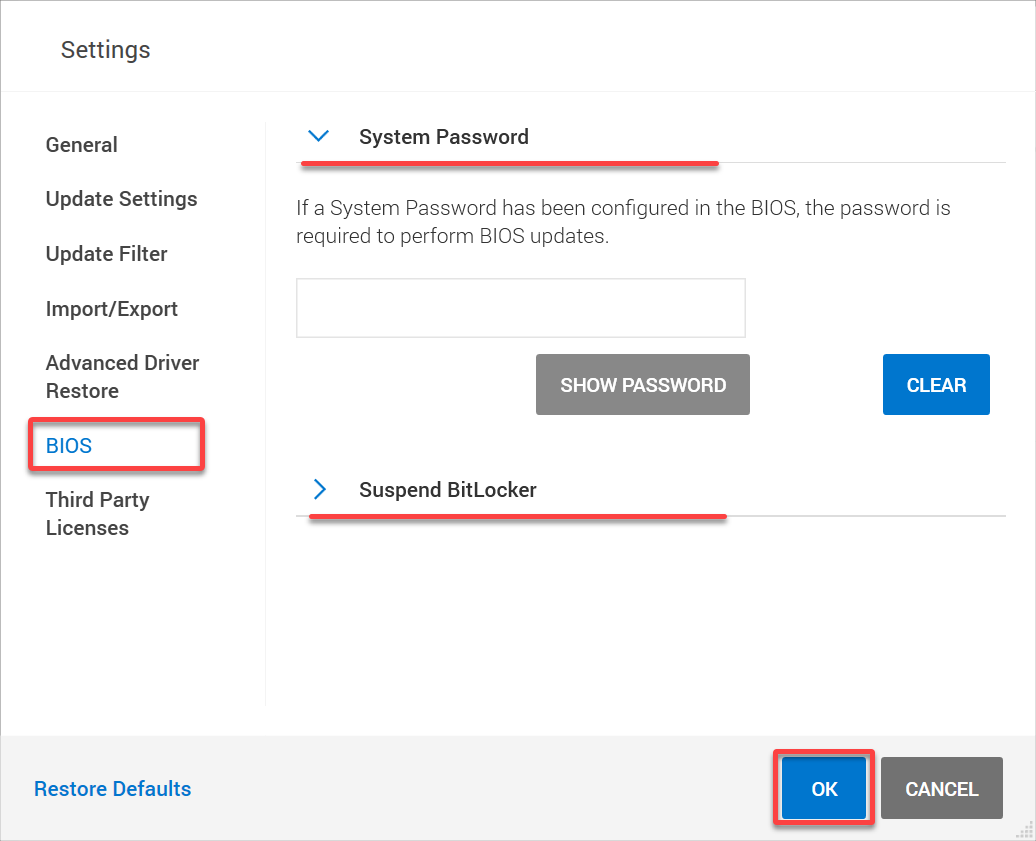 Adjusting BIOS settings in Dell Command Update