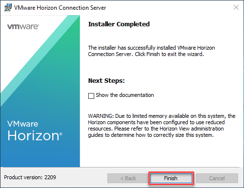 Finishing the VMware Horizon Connection Server installation