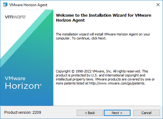 Acknowledging the VMware Horizon Installation welcome screen