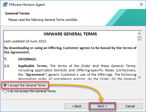 Accepting the VMware general terms