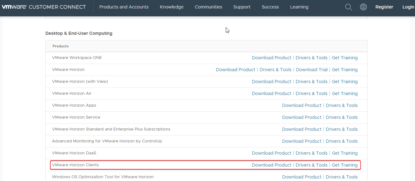 Accessing a list of available VMware Horizon Clients’ version
