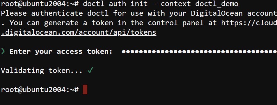 Authenticating the DigitalOcean account via doctl with the API access token
