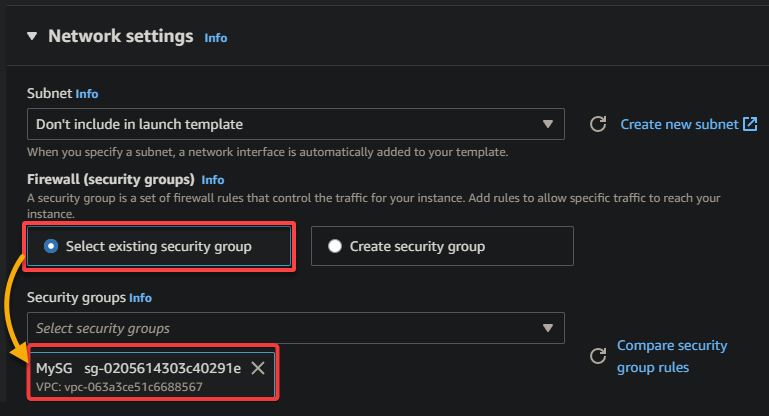 Selecting an existing security group