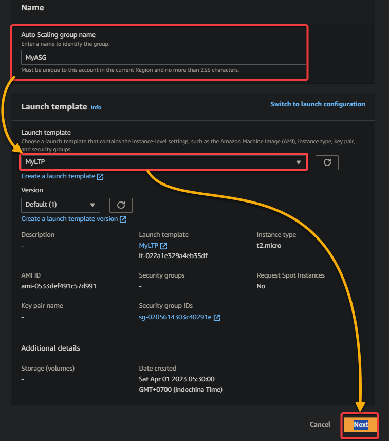 Naming the ASG and choosing a launch template