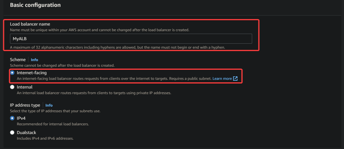 Configuring the load balancer name and scheme