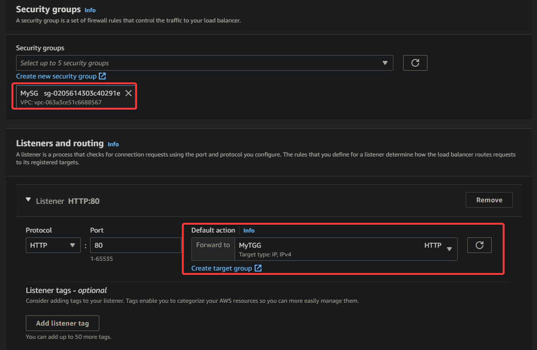 Configuring security groups and the default action