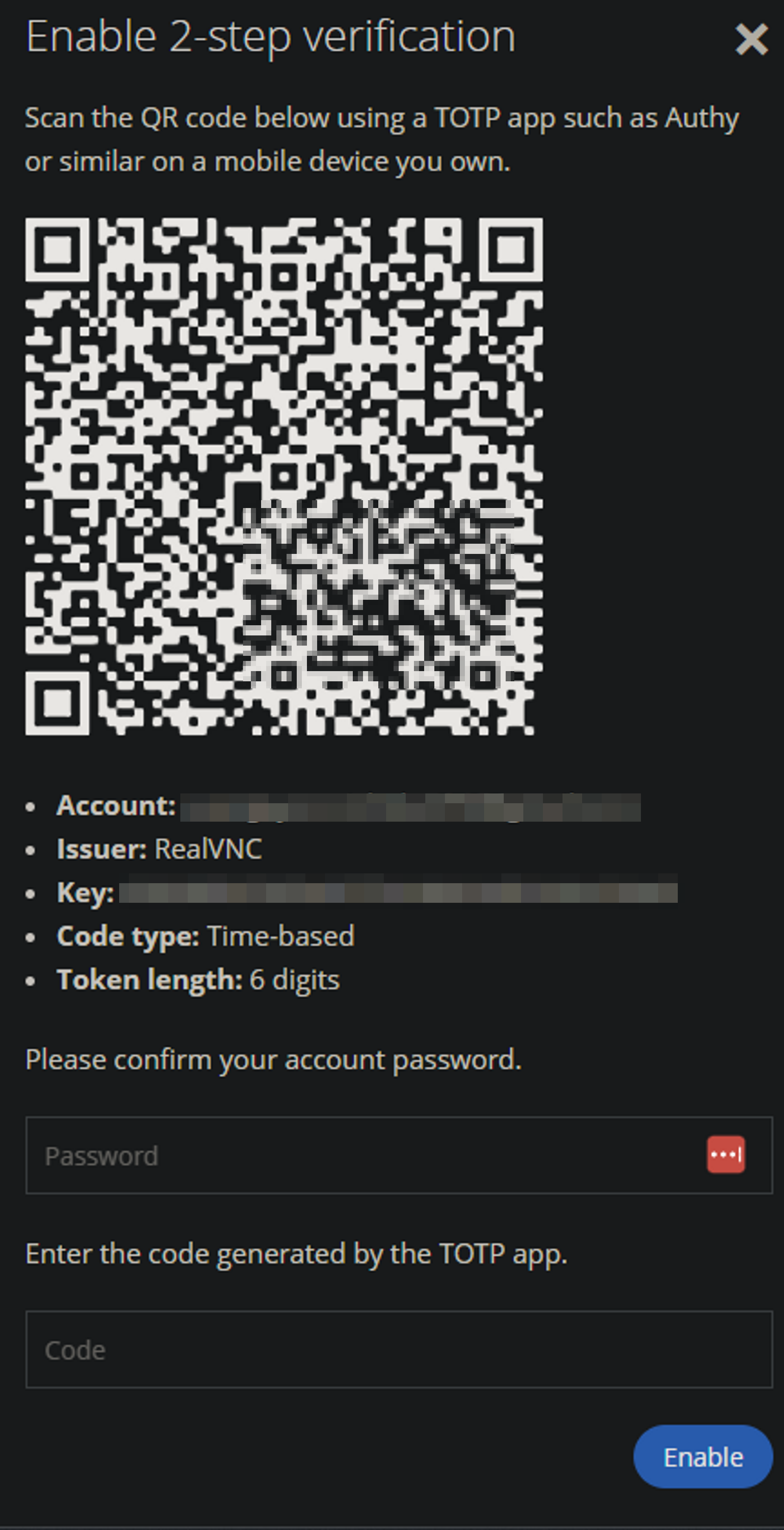 Viewing the QR code specific to a RealVNC account