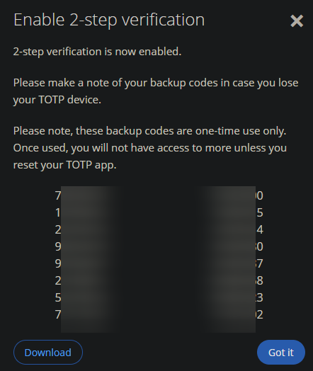 Downloading the backup codes