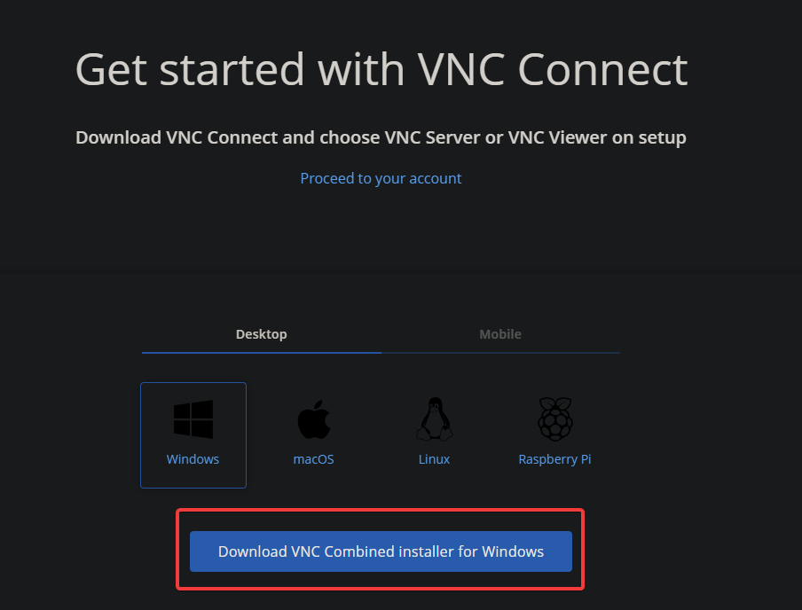 Downloading the VNC Combined installer for Windows