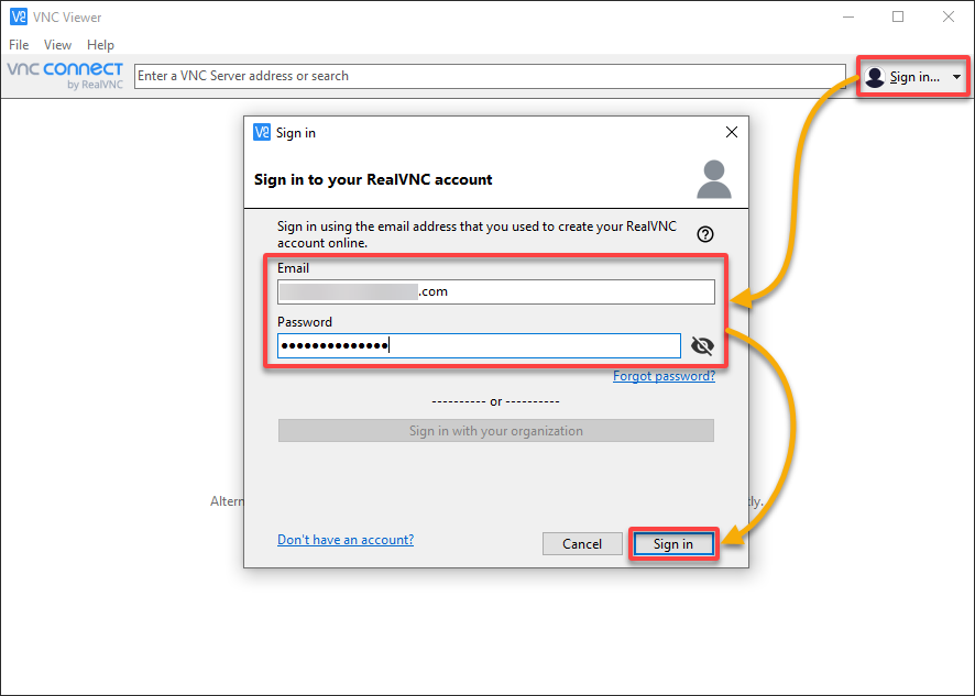 Signing in to the RealVNC account