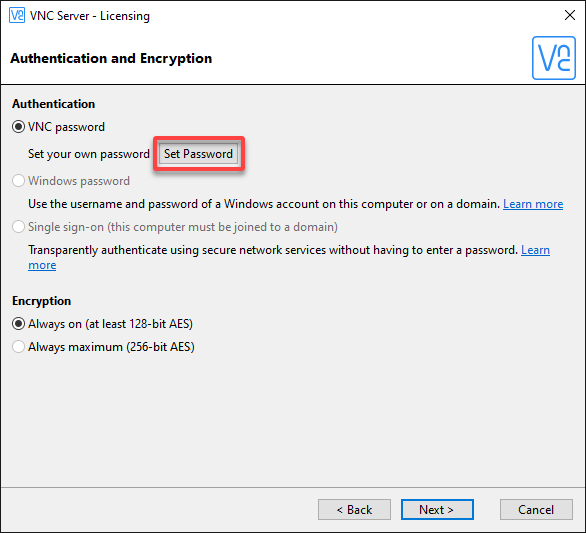 Initiating setting a password for the VNC Server