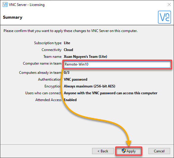 Applying the selected VNC Server configuration