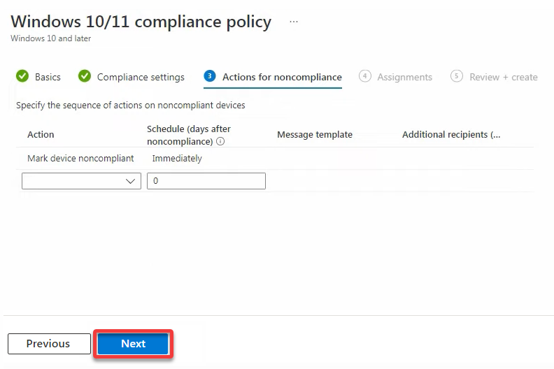 Skipping configuring actions for noncompliance