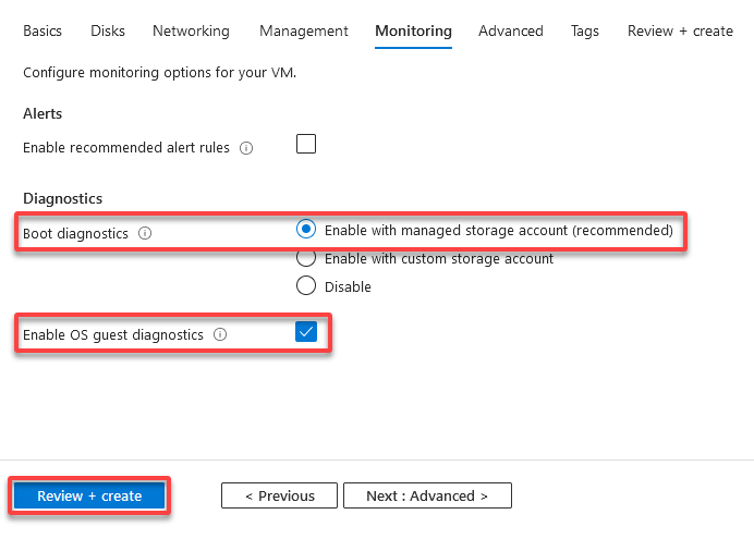 Setting the boot diagnostics options for the VM