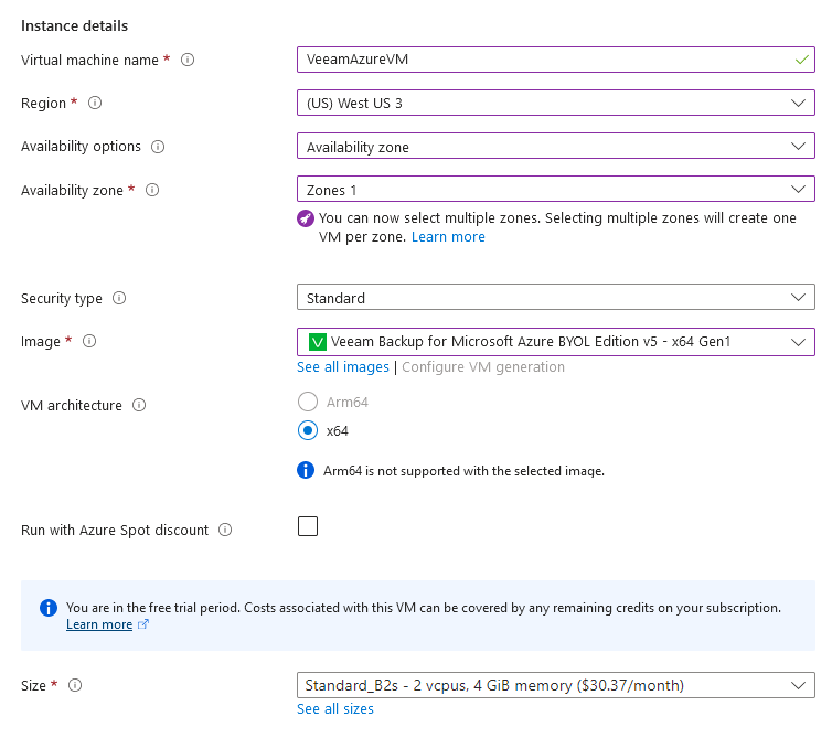 Configuring Veeam for Azure VM instance settings