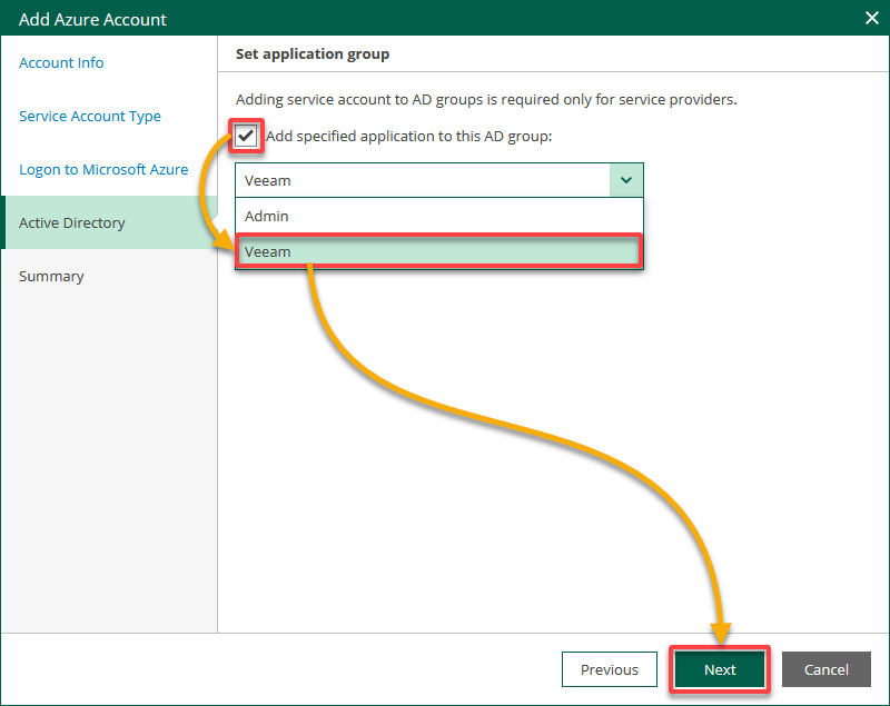 Setting the application group to add the Azure AD application