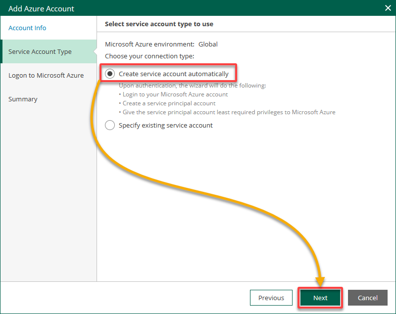 Selecting the service account type