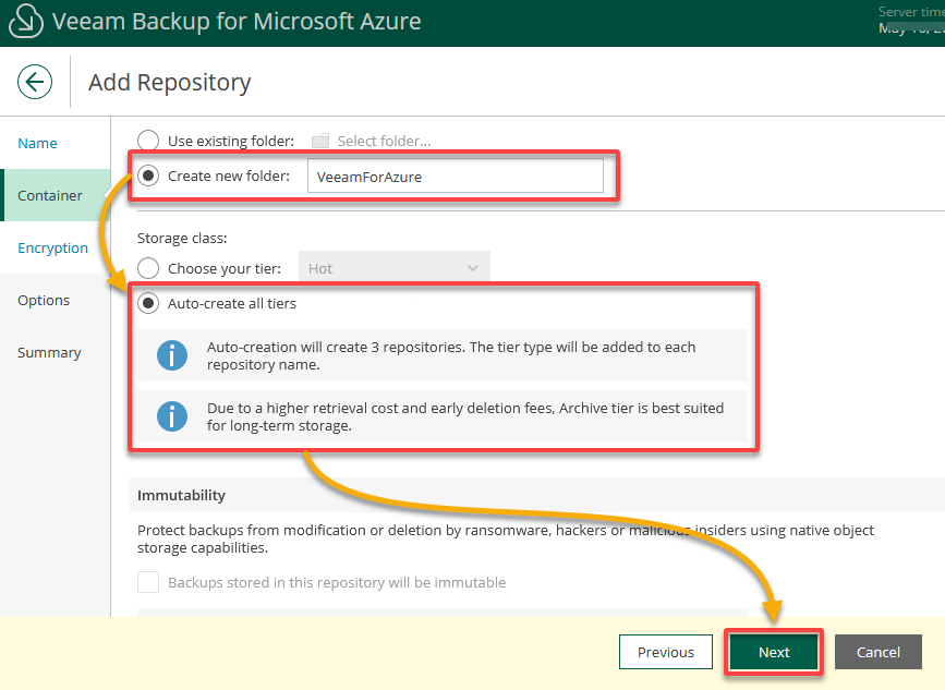 Creating a folder in the container and choosing a storage class