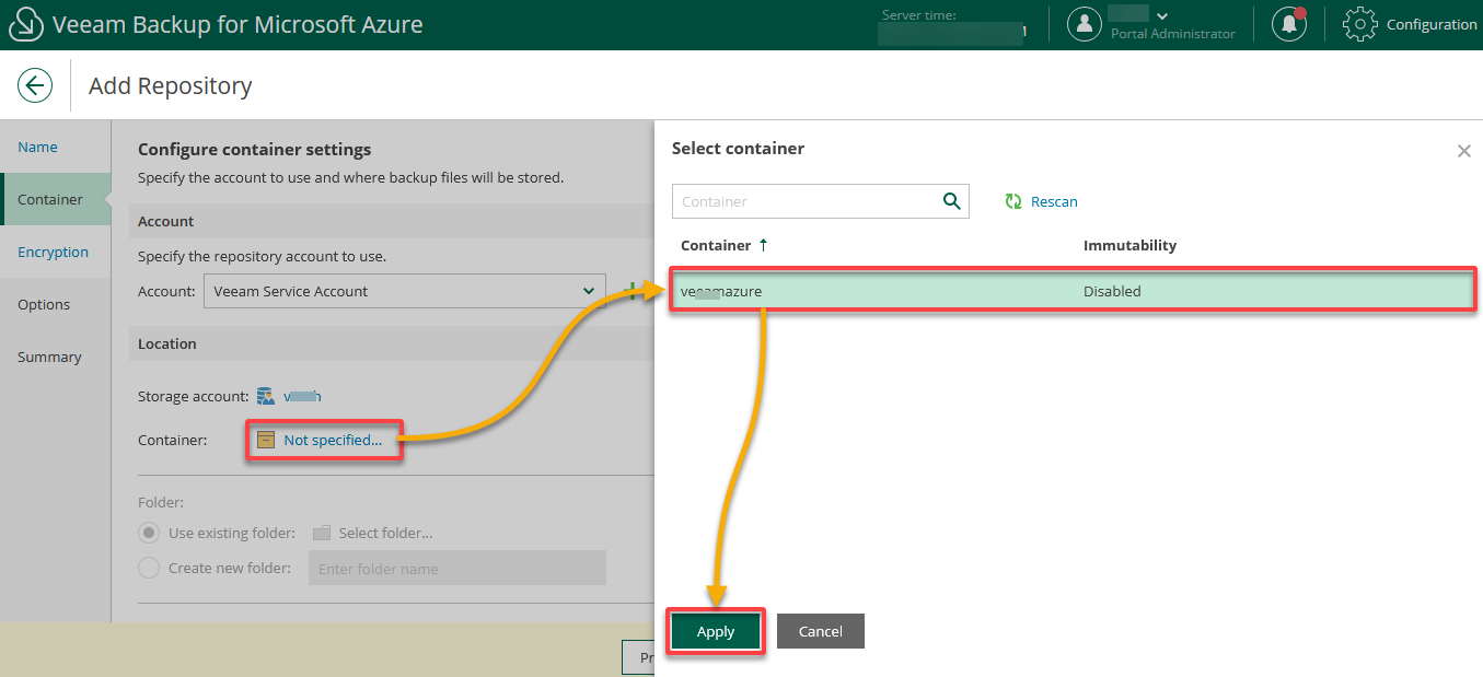 Specifying the Azure-associated container