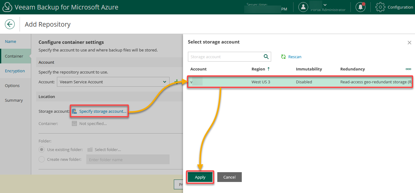 Specifying the Azure storage account