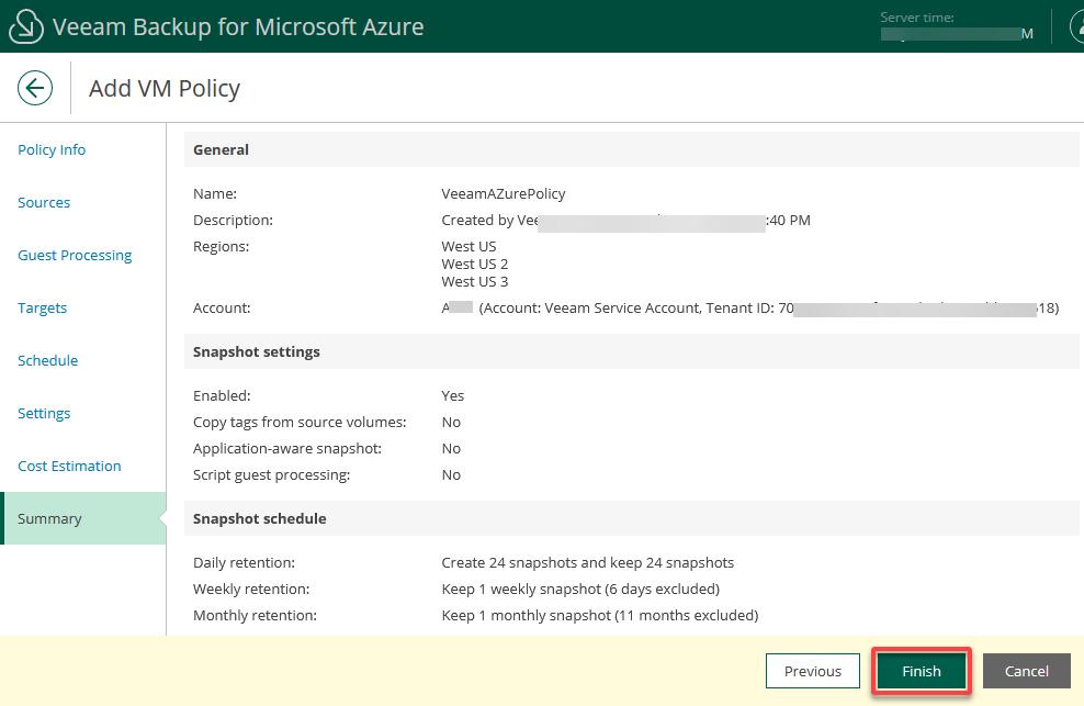 Finalizing the VM backup policy