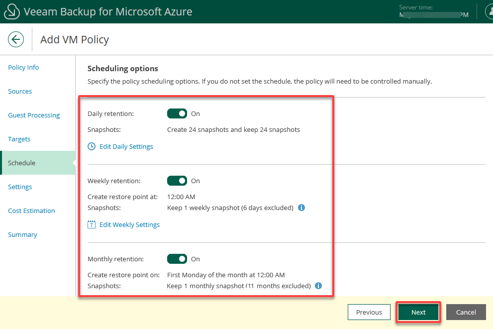 Specifying the schedule settings