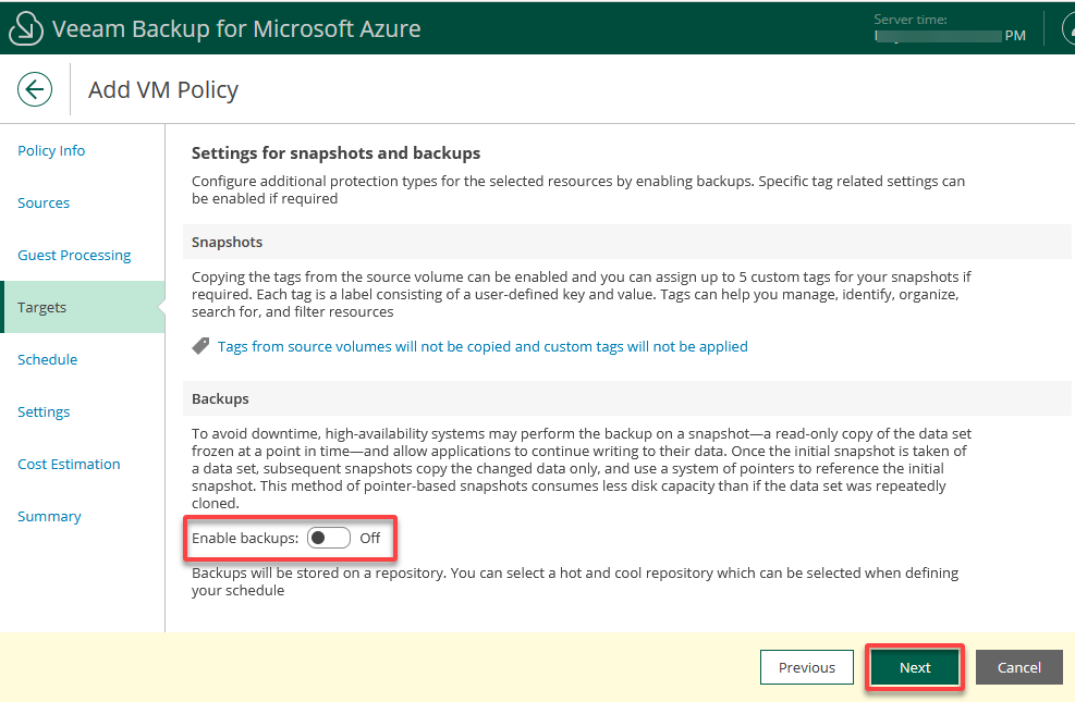 Configuring the backup target settings