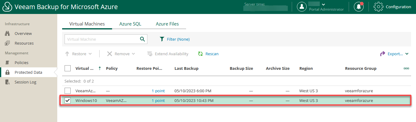 Selecting an Azure VM to restore