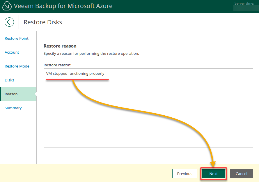 Providing the reason for the disk restore