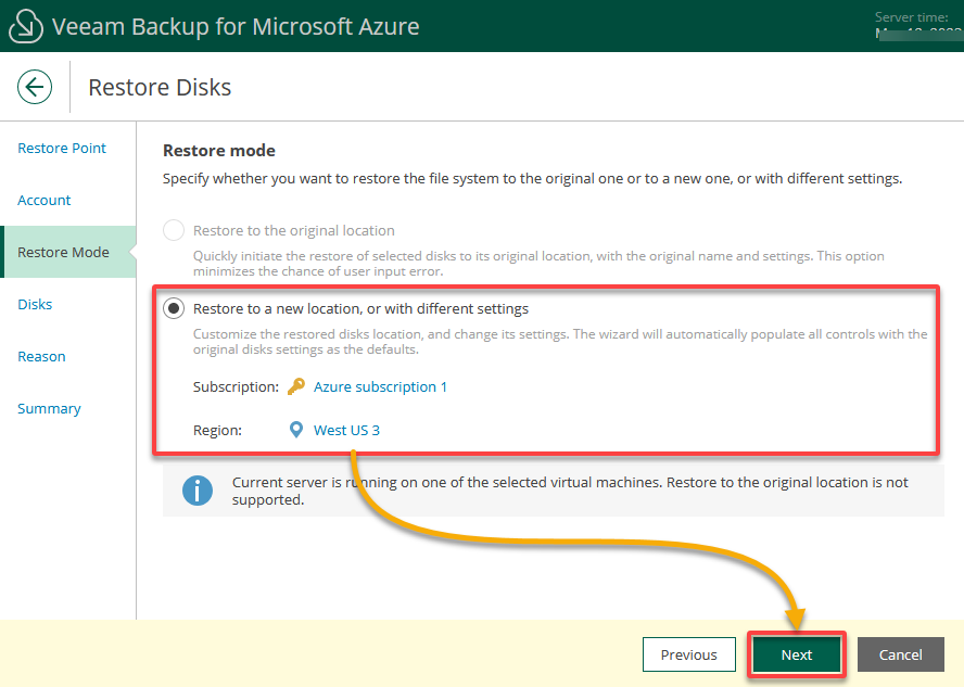 Specifying the VM restore Azure location